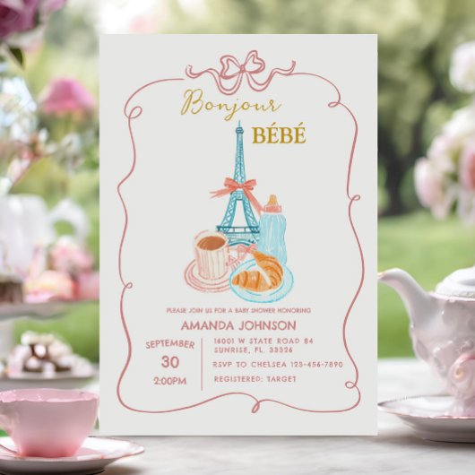 Invitation Bonjour Cafe Baby shower Coquette rose