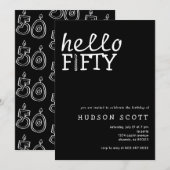 Invitation Bonjour Cinquante-50e fête d'anniversaire Noir mod (Devant / Derrière)