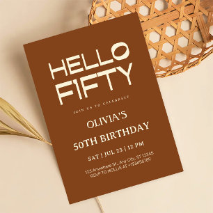 Invitation Bonjour Cinquante Crème Marron Chic 50e Anniversai