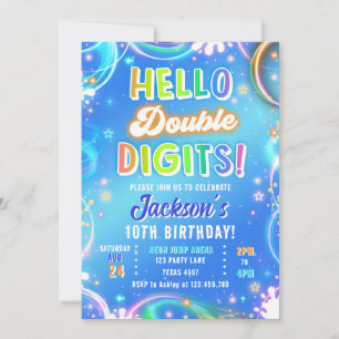 Invitation Bonjour Double Chiffres Néon Glow Garçon 10e Anniv