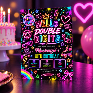 Invitation Bonjour Double Chiffres : Rétro Néon Glow 10e Anni