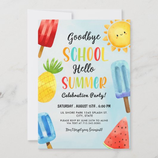 Invitation Bonjour été, école d'adieu, fête de fin d'école (Devant)