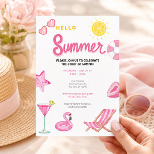 Invitation Bonjour Fête de Piscine d'Été Rose Plage Amusante