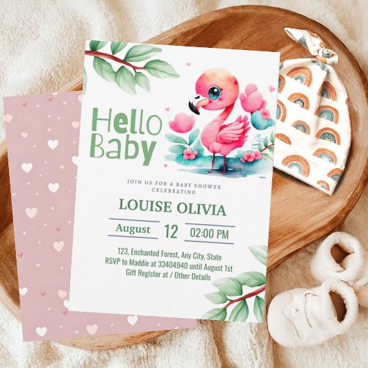 Invitation Bonjour Flamant rose bébé Baby shower Eucalyptus