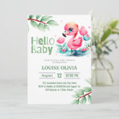 Invitation Bonjour Flamant rose bébé Baby shower Eucalyptus (Debout devant)