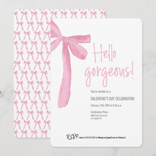 Invitation Bonjour Galentine's Day Ruban Rose Magnifique (Devant / Derrière)