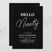 Invitation Bonjour Ninety | Blanc sur Black 90th Birthday Par (Devant / Derrière)