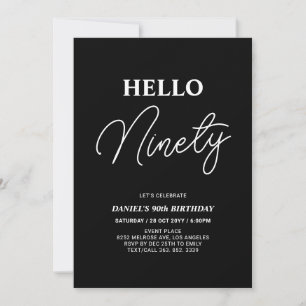 Invitation Bonjour Ninety   Blanc sur Black 90th Birthday Par