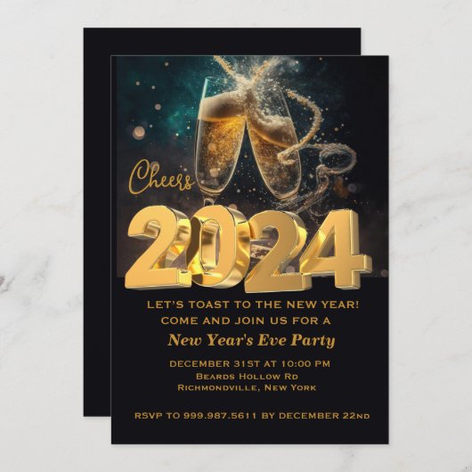 Invitation Bonjour Nouvel An Black Gold Modern Custom Ajouter (Devant / Derrière)