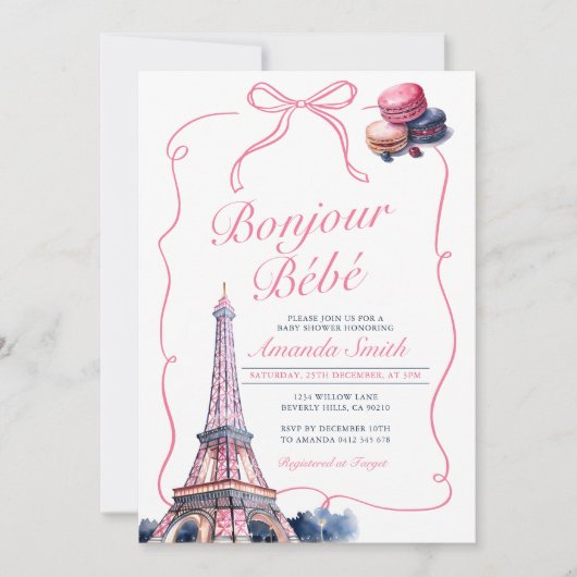 Invitation Bonjour Pink Bow French Baby shower Café Parisien (Devant)