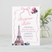 Invitation Bonjour Pink Bow French Baby shower Café Parisien (Debout devant)