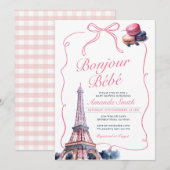 Invitation Bonjour Pink Bow French Baby shower Café Parisien (Devant / Derrière)