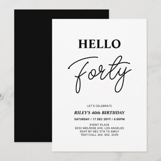 Invitation Bonjour Quarty | Black & White 40th Birthday Party (Devant / Derrière)