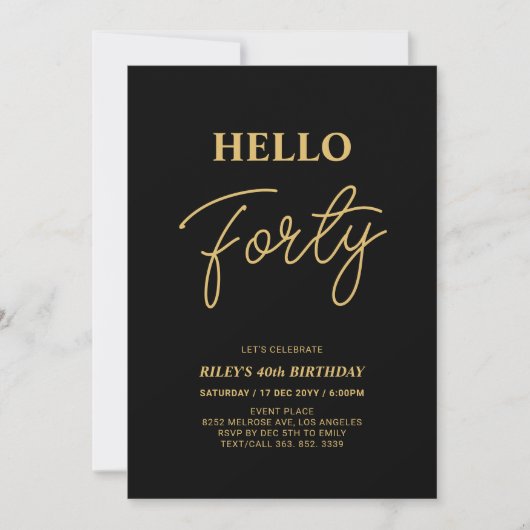 Invitation Bonjour Quarty | Gold & Black 40th Birthday Party (Devant)