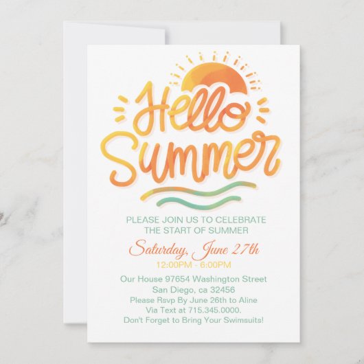 Invitation Bonjour Summer Sun Orange Pool Party (Devant)