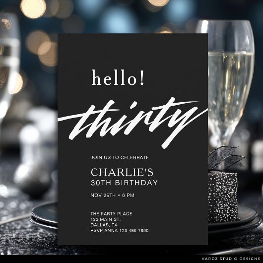 Invitation Bonjour Trente Black Modern Script 30e Anniversair