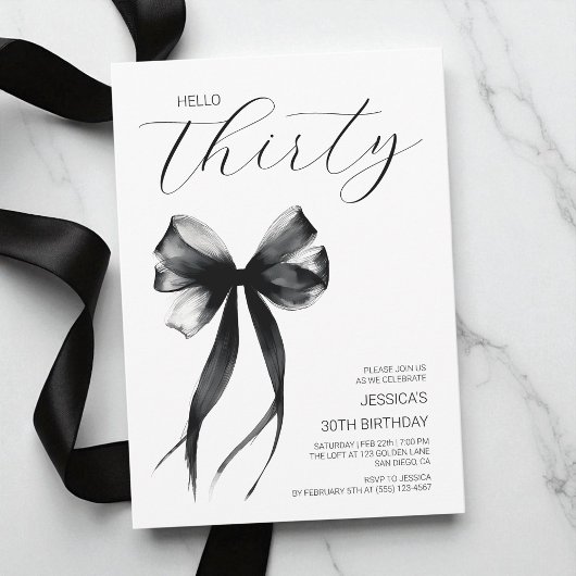 Invitation Bonjour Trente Bow noir et blanc 30e anniversaire