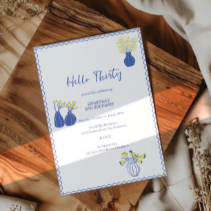 Invitation Bonjour Trente Élégant Fleurs Bleues 30e Anniversa