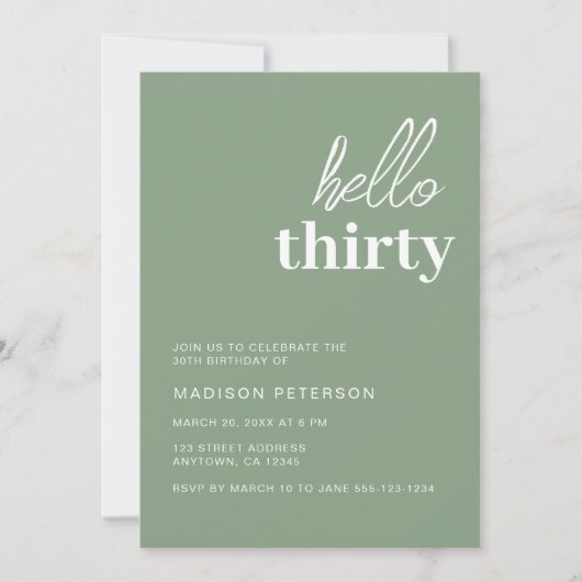 Invitation Bonjour Trente Moderne Sage Green fête d'anniversa (Devant)