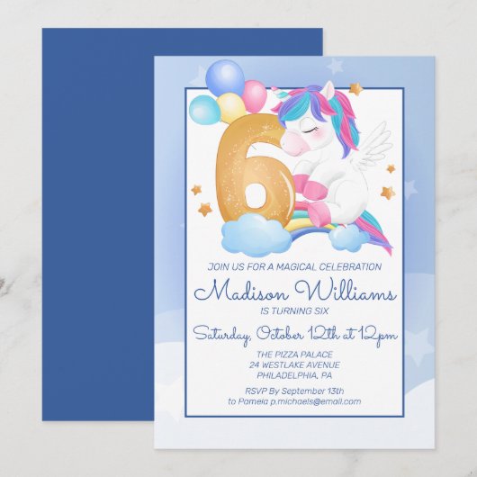 Invitation Bonne fête d'anniversaire | Unicorne 6e anniversai (Devant / Derrière)