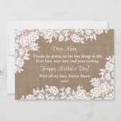 Invitation Bonne fête des mères | Burlap rustique et dentelle (Dos)