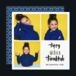 Invitation Bonne Hanoukka bougies | Vacances 3 photos<br><div class="desc">Carte de voeux Festive Hanoukka Holiday avec trois de votre photo personnelle et "happy hanoukka" en typographie de brosse à lettres et bougies dans les tons bleu et jaune. Personnalisez le texte personnalisé avec votre nom et votre année. Les cartes sont retournées à un motif d'étoiles blanches et jaunes sur...</div>