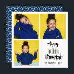 Invitation Bonne Hanoukka bougies | Vacances 3 photos<br><div class="desc">Carte de voeux Festive Hanoukka Holiday avec trois de votre photo personnelle et "happy hanoukka" en typographie de brosse à lettres et bougies dans les tons bleu et jaune. Personnalisez le texte personnalisé avec votre nom et votre année. Les cartes sont retournées à un motif d'étoiles blanches et jaunes sur...</div>