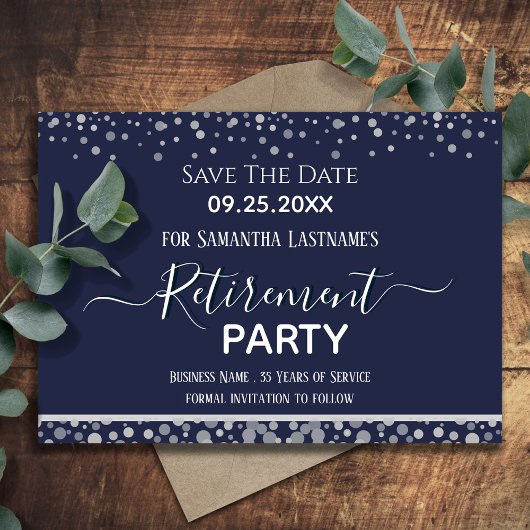 Invitation Bonne retraite Argent Confetti Enregistrer la date