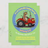 Invitation Bonne vache conduisant un tracteur rouge dessin an (Devant / Derrière)