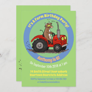 Invitation Bonne vache conduisant un tracteur rouge dessin an