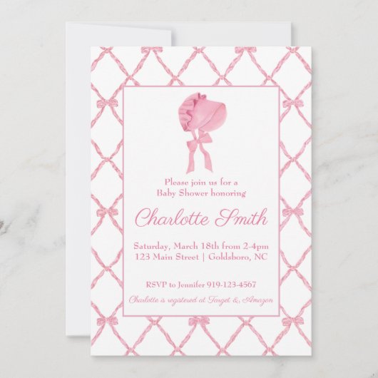 Invitation Bonnet d'invitation Baby shower de Trellis de Bow (Devant)