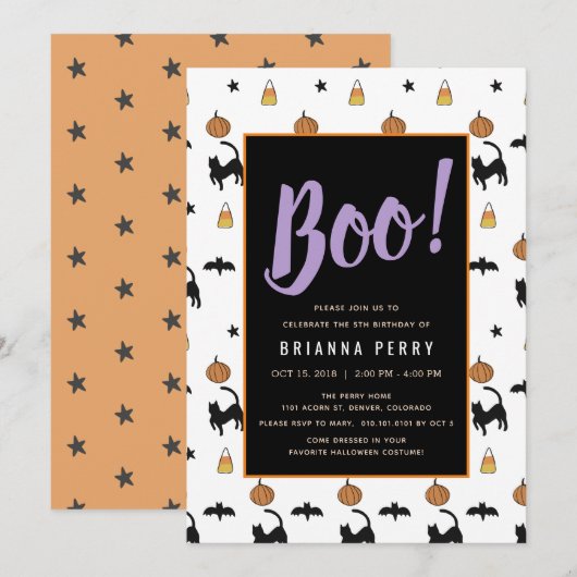 Invitation Boo ! Anniversaire blanc mignon Motif d'Halloween (Devant / Derrière)