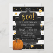 Invitation BOO ! Bonbons en forme de maïs et citrouille orang (Devant)