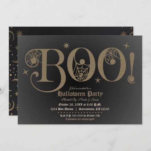 Invitation BOO Brown Rustique Élégante fête costumée Hallowee (Devant / Derrière)