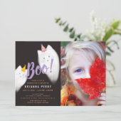 Invitation Boo ! Chat fantôme Halloween violet Photo Annivers (Debout devant)