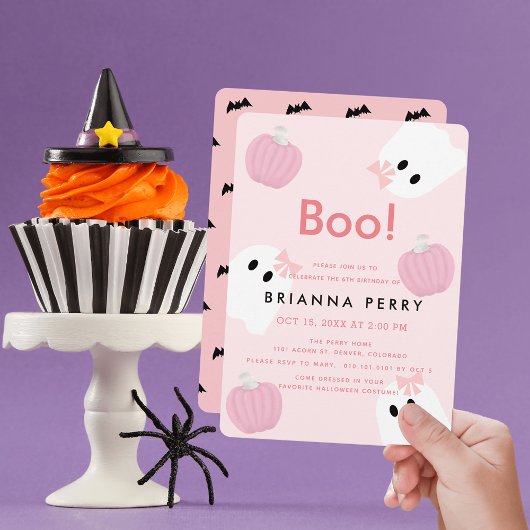 Invitation Boo ! Halloween Fille Fantôme Citrouille rose Anni