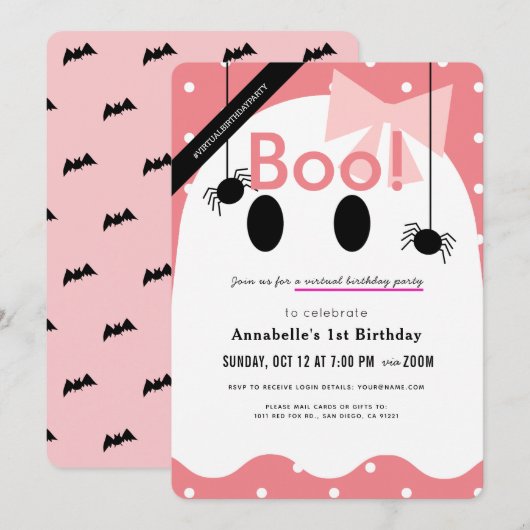 Invitation Boo ! Halloween Fille Fantôme rose Anniversaire vi (Devant / Derrière)