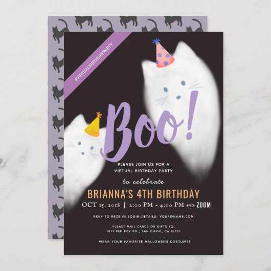 Invitation Boo ! Halloween Ghost Cat Anniversaire virtuel (Devant / Derrière)
