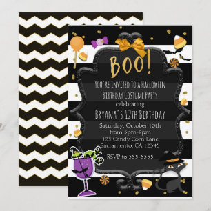 Invitation BOO! Rayures noires et blanches Fête de bonbons Ha