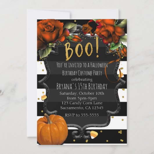 Invitation BOO ! Roses rayées noires et blanches et citrouill (Devant)