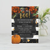Invitation BOO ! Roses rayées noires et blanches et citrouill (Debout devant)