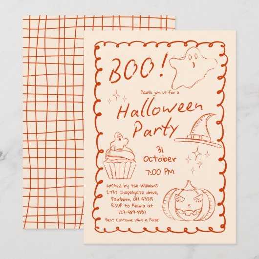 Invitation Boo ! Soirée d'Halloween à la mode dessinée à la m (Devant / Derrière)
