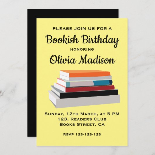 Invitation Book Lover Bookish Birthday Party (Devant / Derrière)