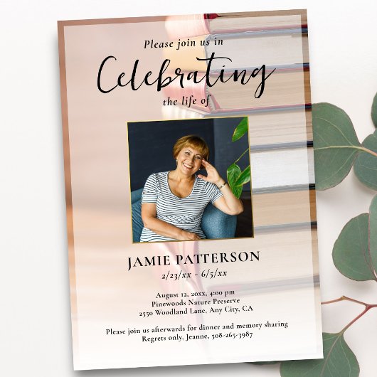 Invitation Book Lover Celebration of Life Your Photo Funeral