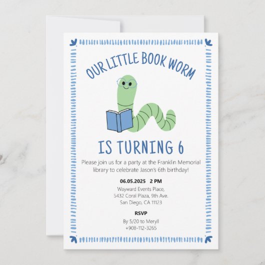 Invitation Book Worm Reading Lover Birthday Party Invite (Devant)