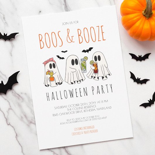 Invitation Boos and Booze Funny Ghost Adulte Halloween Party
