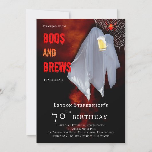 Invitation Boos and Brews Ghost Halloween 70e fête d'annivers (Devant)
