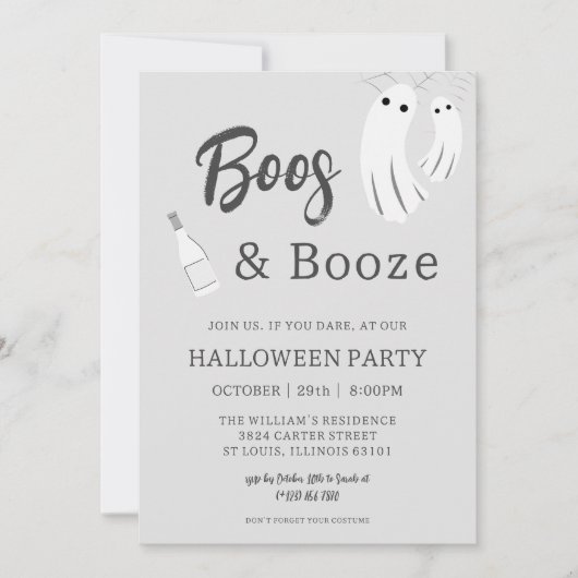 Invitation Boos & Booze Adulte Halloween gris blanc Invitatio (Devant)