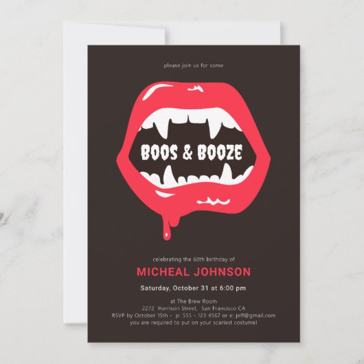 Invitation Boos & Booze Amusement Halloween 60e fête d'annive (Devant)