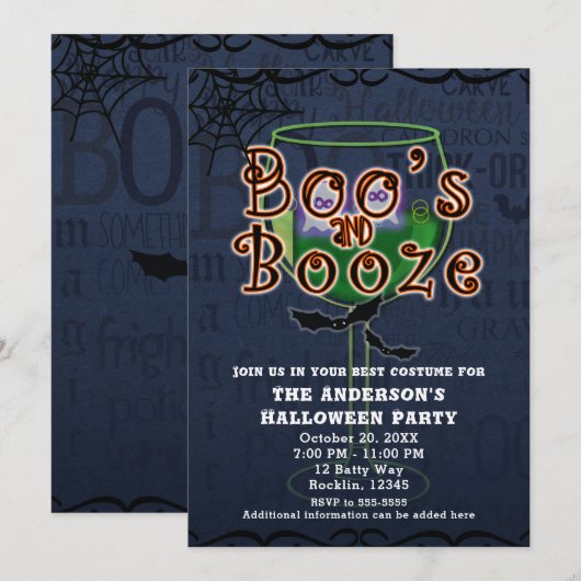 Invitation Boos & Booze Ghosts & Bats Halloween Costume Party (Devant / Derrière)
